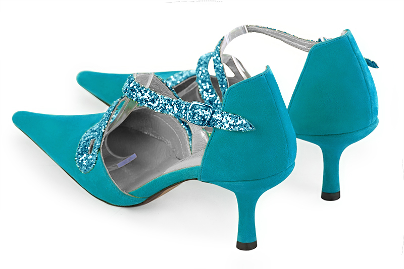 Turquoise blue women's open side shoes, with snake-shaped straps. Pointed toe. High slim heel. Rear view - Florence KOOIJMAN